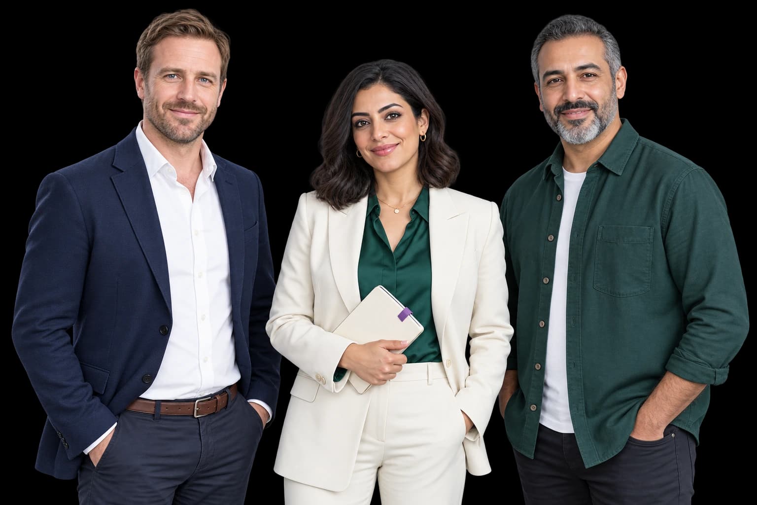 Three professionals standing together in navy, ivory and emerald clothing.